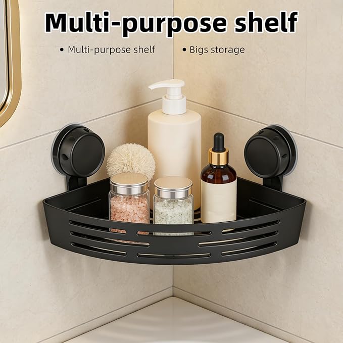 2026 New Corner Shower Shelf Suction Cup Shower Caddy, No Drilling Bathroom Storage Rack, Corners Organizer Storage Rack Adhesive with Towel Bar (Black three-layer)