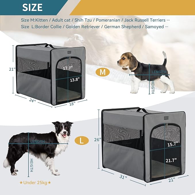PETSFIT Portable Dog Crate, Travel Dog Crate - 24 Inch with Thicken Mat, Easy to Fold, Sturdy and Portable, Perfect for Traveling, Soft Dog Kennel Grey