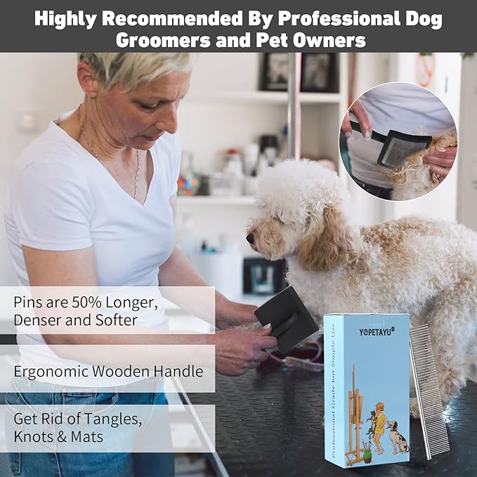Dog Slicker Brush for Goldendoodles, Poodles & Long Haired Dogs - Long Pin Doodle Brush & Pet Comb Kit Removes Tangles Loose & Knots, Professional Grooming Tools with Wooden Handle, Black