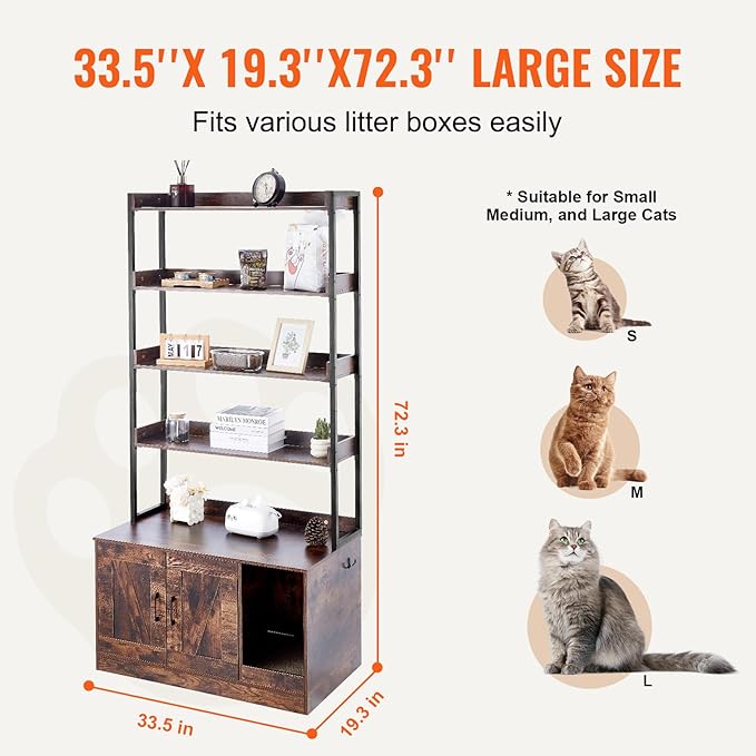 VEVOR Cat Litter Box Enclosure, Hidden Cat Box Furniture with 4 Storage Shelves, Large Cats House Cabinet Hidden Fit Most Litter Box, Wooden Cats Washroom Indoor, 33.5"L x 19.3"W x 72.3"H, Dark Brown