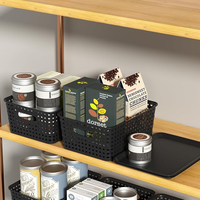 6 Pack Plastic Storage Basket Bins with Lid, Plastic Lidded Storage Bins Shelf Basket for Bathroom, Classroom, Office, Black