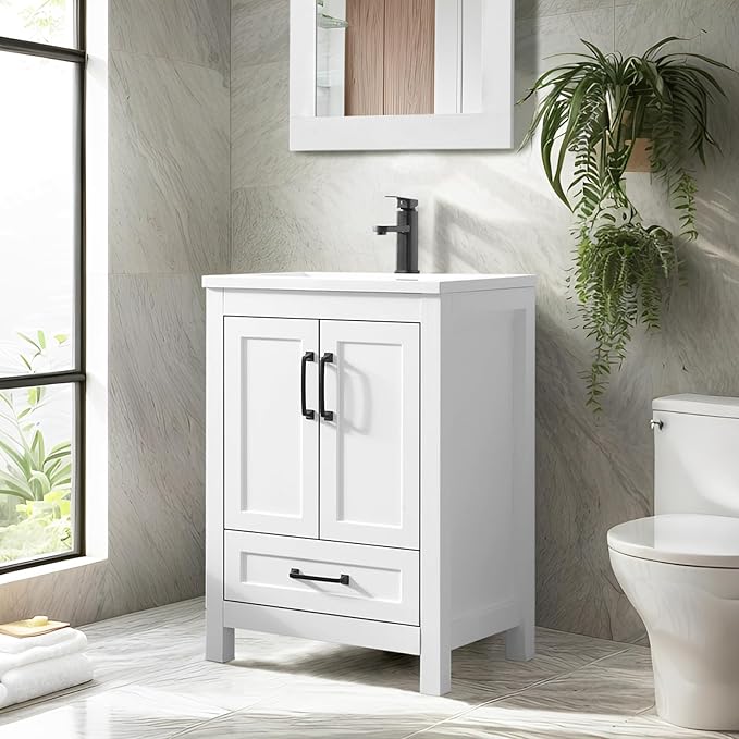 eclife 24" Bathroom Vanities with Sink Combo, Modern Thickened Wood Bathroom Storage Cabinet w/Undermount Sink, Matte Black Faucet Drain, Painted Surface, White