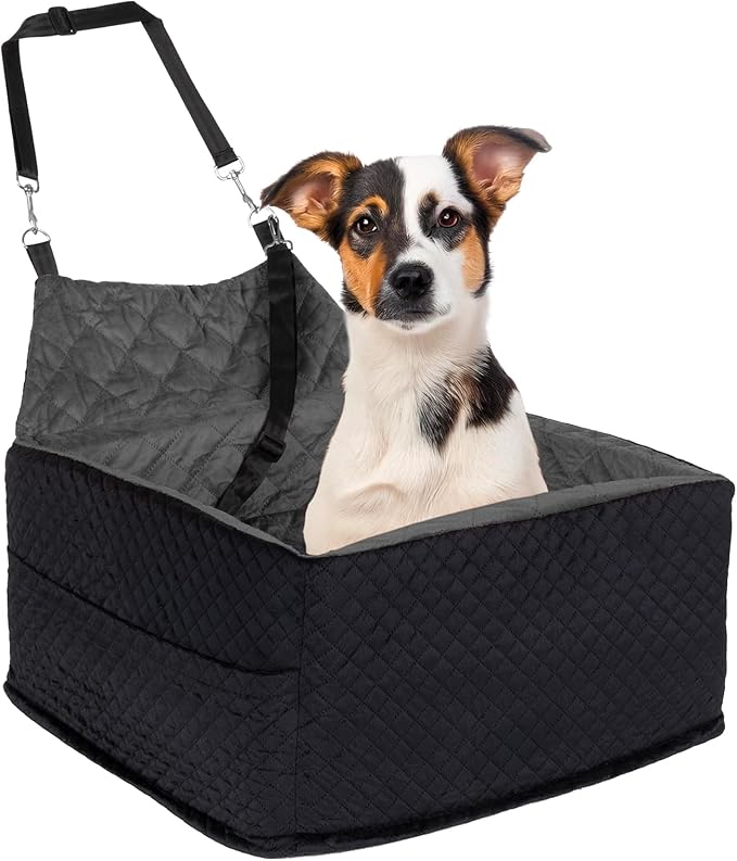 Memory Foam Dog Car Seat for Small/Medium Dogs,Travel Booster Seat for Dogs up to 35 lbs, Washable Removable Cover & Storage Pockets, Comfortable & Safe Car Seat for Pet Travel