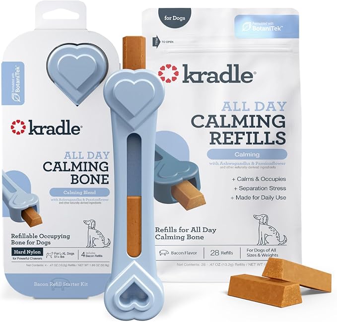 Kradle All Day Calming Dog Bone – Refillable Bacon-Flavored Toy with Ashwagandha & GABA for Anxious Dogs - 8" Nylon Dog Bone with 28 Refills