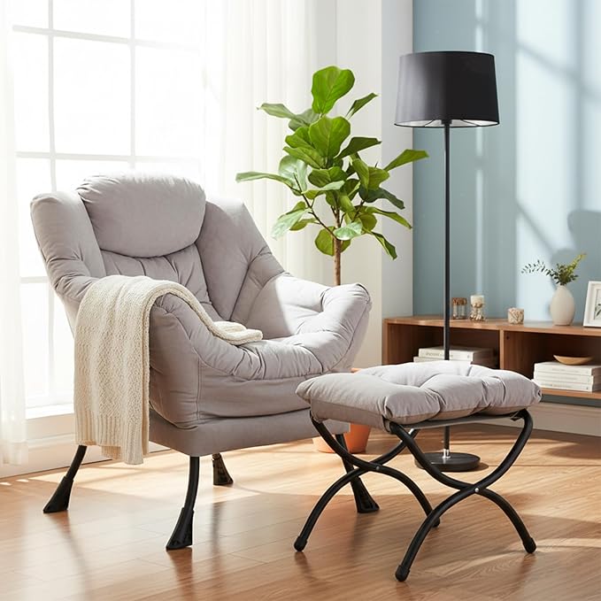 Welnow Lazy Chair with Ottoman, Modern Lounge Accent Chair with Armrests and a Side Pocket, Leisure Sofa Armchair, Reading Armchair with Footrest for Small Space, Light Grey