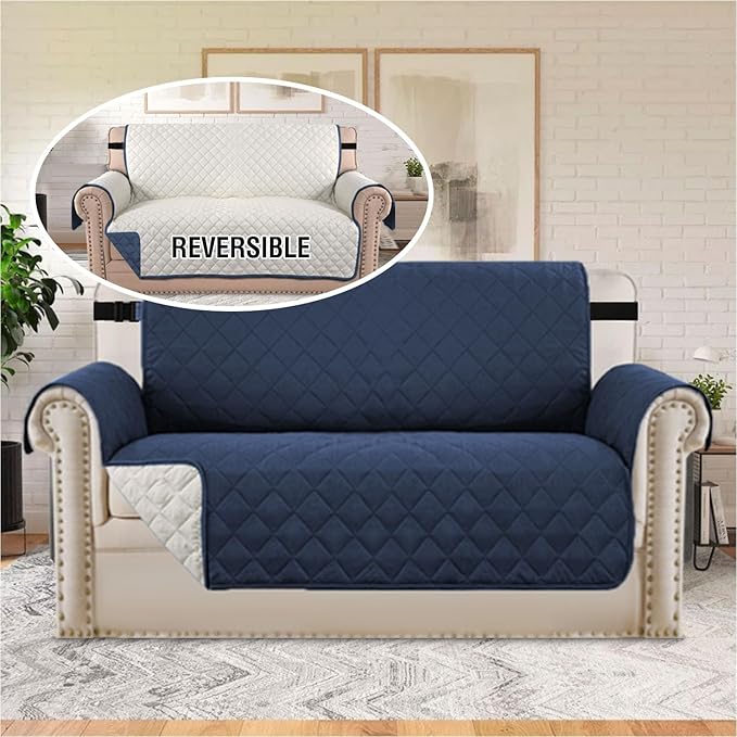 H.VERSAILTEX Reversible Loveseat Cover Couch Cover for 2 Cushion Couch Water Resistant Furniture Protector for Pets Durable Loveseat Slipcover with Non Slip Elastic Strap(Loveseat, Navy/Beige)