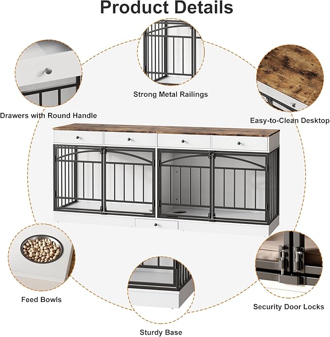 GarveeHome Dog Crate Furniture for 2 Dogs, Dog Kennel Indoor with 4 Storage Drawers and Feeding Bowls, Double Dog Crate TV Stand for Small Medium Dogs, White