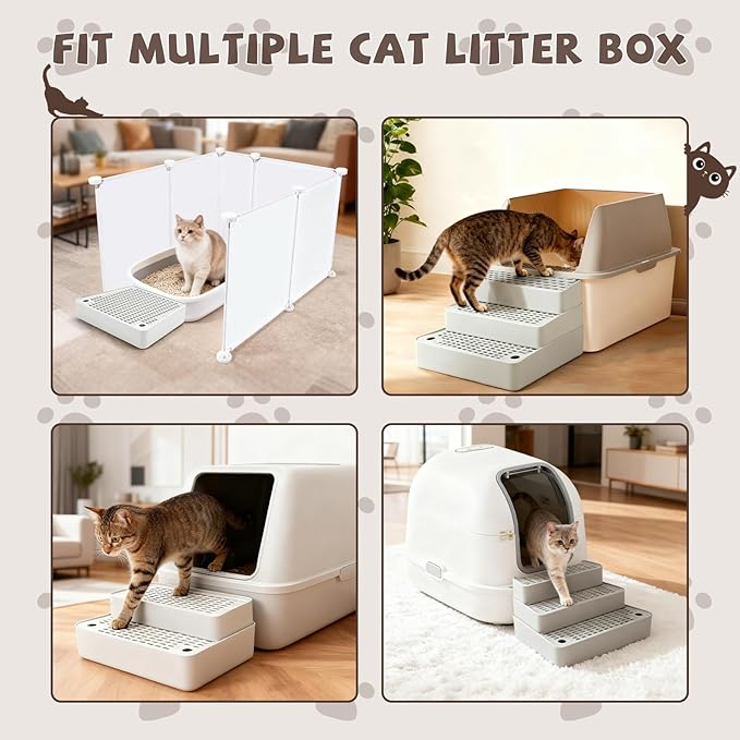 Adjustable 3 Steps Cat Ramp for Litter Box, Detachable Cat Pedal Step Stool with Filter Function, Double Layered Cats Litter Trapper, Suitable for Small&Elderly Cats, Non-Slip(Grey)