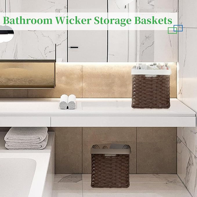 Bidtakay Wicker Storage Baskets with Liners 11x11 Storage Cube Bins for Organizing Imitation Rattan Woven Baskets 2-Pack Woven Storage Baskets with Handles for Pantry-Reddish Brown