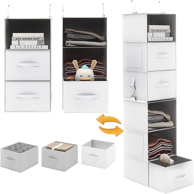 Twira 6-Shelf Hanging Closet Organizer, 2 Separable 3-Shelf Hanging Shelves, Hanging Storage with 3 Removable Drawers 4 Side Pockets, Storage Organizer for Closet, Nursery (White)