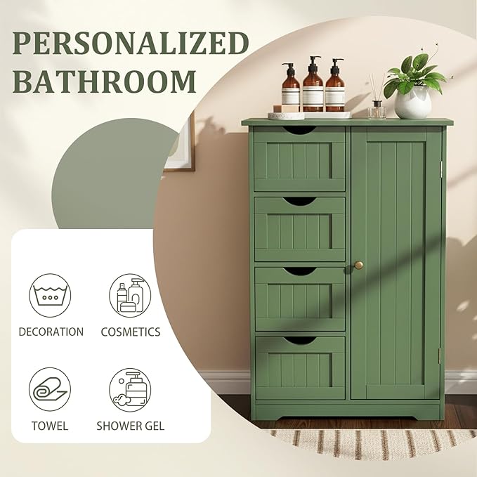 Karl home Freestanding Bathroom Floor Cabinet, Narrow Slim Skinny Storage Unit with 4 Drawers & 1 Cupboard, Towel Organizer for Bathroom, Compact Bath Storage, Forest Green
