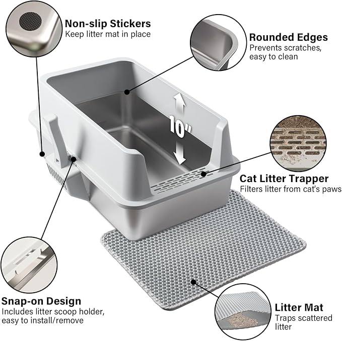 Stainless Steel Litter Box with Lid,XL Metal Cat Litter Box,Extra Large Litterbox for Big with High Sides,Non-Stick, Odor-Free,Easy to Clean,Include Litter Mat &Scoop,23x14.6x10in