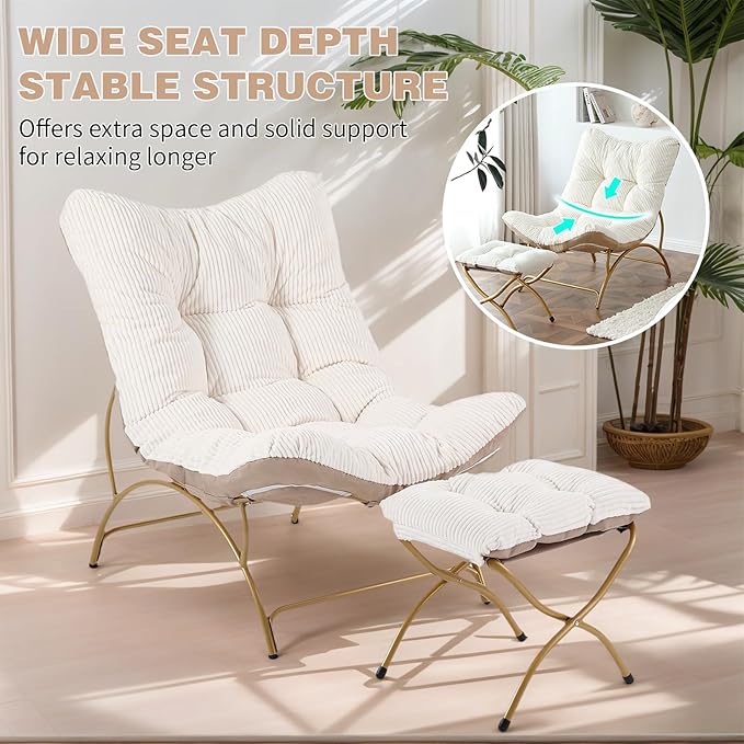 Welnow Modern Accent Chair with Ottoman, Upholstered Comfy Lounge Recliner Sofa, Thick Cushion Oversized Lazy Reading Chair with Footrest for Living Room, Bedroom, Apartment, Office, Dorm, Beige
