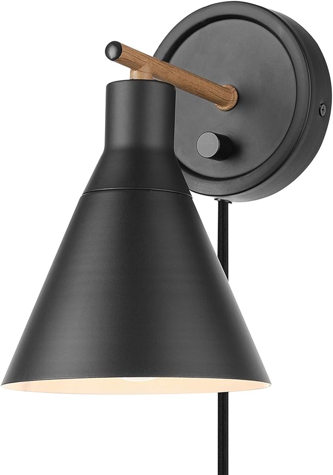 GLOBE Electric 51725 1-Light Dimmable Plug-in or Hardwire Wall Sconce, Matte Black, Faux Walnut Accent, Stepless Dimming Rotary Switch on Canopy, Black Fabric Cord, Bulb Not Included