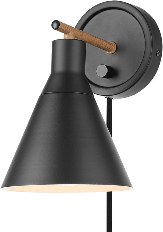 GLOBE Electric 51725 1-Light Dimmable Plug-in or Hardwire Wall Sconce, Matte Black, Faux Walnut Accent, Stepless Dimming Rotary Switch on Canopy, Black Fabric Cord, Bulb Not Included