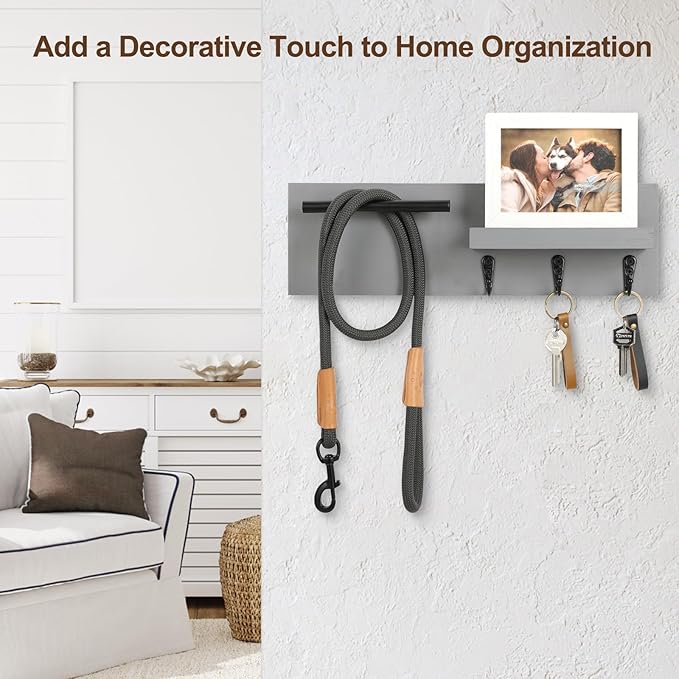 Key Holder for Wall, Decorative Entryway Shelf with Hooks Holds Keys, Dog Leash, Sunglasses – Key Hanger with 3 Hooks Organizes, Enhances Home Decor (15” x 4.5” x 2.6”) (Grey)