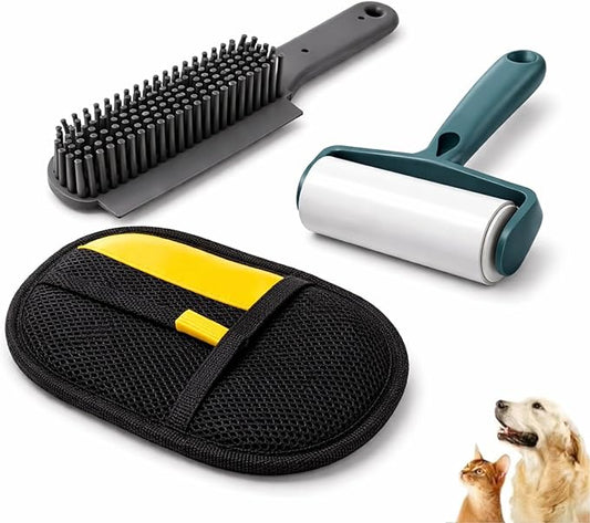 Pet Hair Remover Kit – 3 Piece Dog & Cat Hair Cleaning Set – Reusable Fur Removal Glove, Rubber Brush & Lint Roller – Removes Hair from Furniture, Couch, Carpet, Clothes & Car