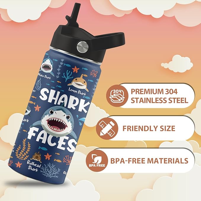 Shark Gifts for Boys Girls, 16 oz Water Bottle with Straw Lid, Stainless Steel Insulated Tumbler, Cute Water Bottle, Shark Lovers Gift, Ocean Animals Lovers Gifts Cup (1pcs