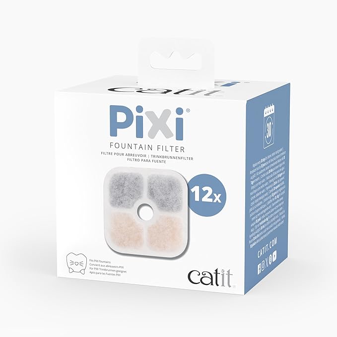 Catit PIXI Cat Drinking Fountain Filter 12-Pack – Official Replacement Triple-Action Water Filter for PIXI Fountains, Removes Odors & Softens Water