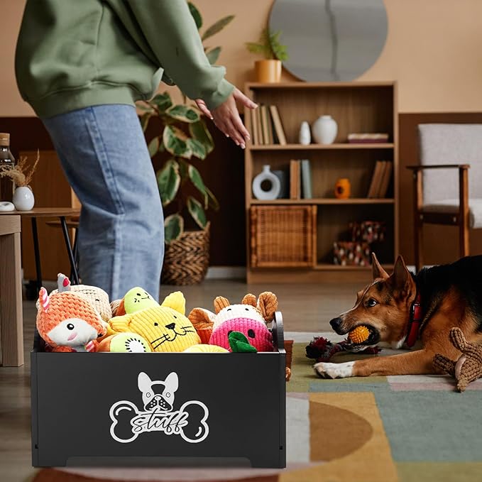 Marsui Wooden Dog Toy Bin Basket with Handle Large Dog Stuff Storage Box Cute Pet Stuff Organizer for Chew, Blankets, Leashes, Food Gift for Living Room Area(Black,13.78 Inch)