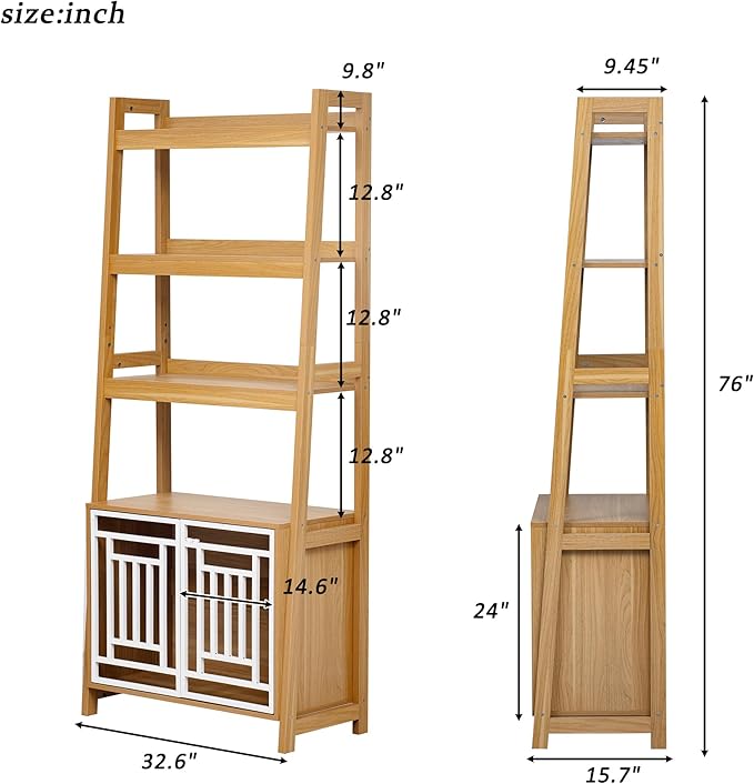 2-in-1 Modern Dog Crate & Bookcase - Space-Saving Leaning Ladder Design with Storage Shelves, Ancient Oak MDF & Steel, 76" H for Small to Medium Pets