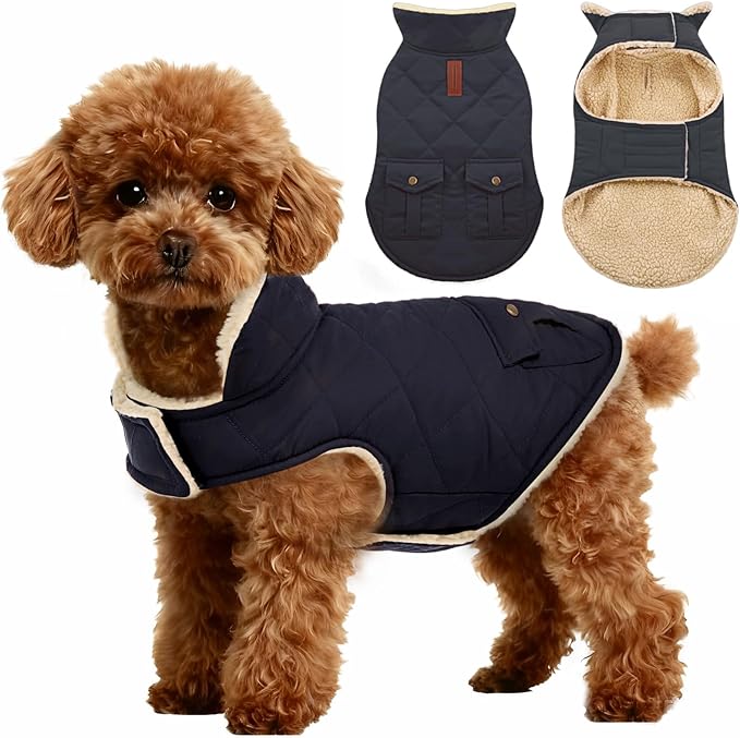 ASENKU Warm Dog Winter Coat, Waterproof Dog Coat for Cold Weather, Fleece Dogs Jacket with Ultra Thick Plush Lining Leash Hole Storage Pockets for Small Dogs (Navy Blue, X-Small)