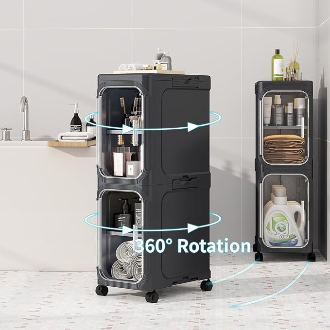 KHNR 4-Tiers Slim Bathroom Storage Cabinet, Foldable Storage Cabinets,Narrow Bathroom Storage,Movable Bathroom Storage Organizer for Small Spaces,Bathroom,Kitchen,Laundry,Black