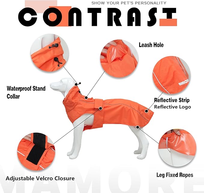 Waterproof Dog Raincoat with Reflective Strip, Adjustable Breathable Rain Coat Jacket with Leash Hole for Dogs (Orange, X-Small)