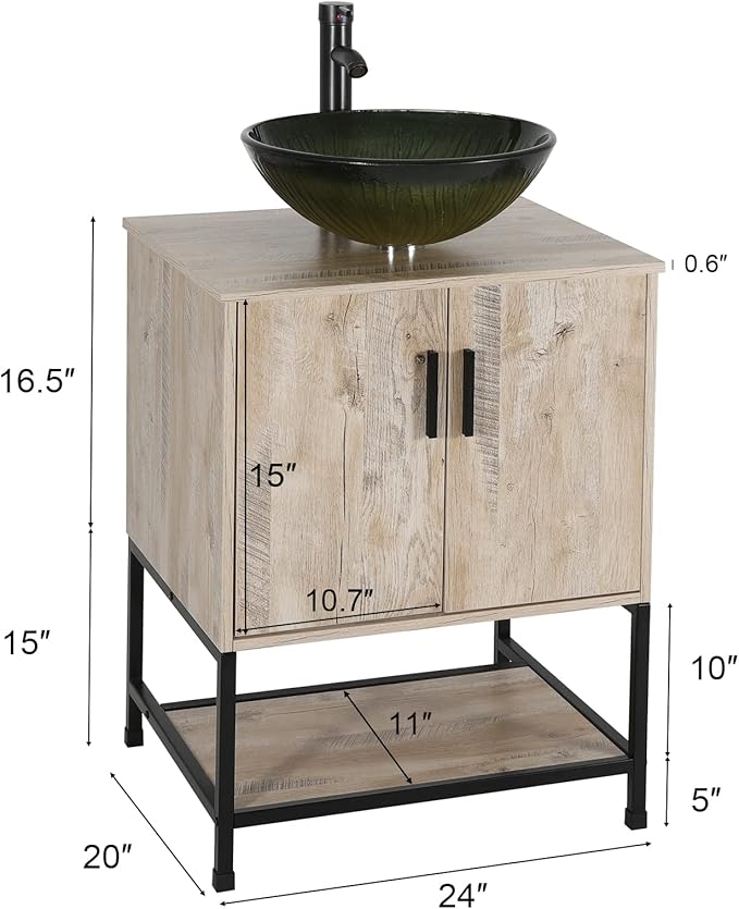 eclife 24" Bathroom Vanity Sink Combo Modern Metal Stand Cabinet W/Bottom Shelf White Square Vessel Sink & Water Save Faucet & Pop Up Drain, Oak (A07)