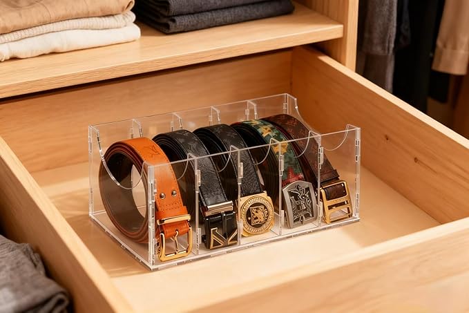 ECOSEAO Belt Organizer, Acrylic Belt Storage Holder for The Closet, Display Case for Tie and Bow Tie (7 Ties)