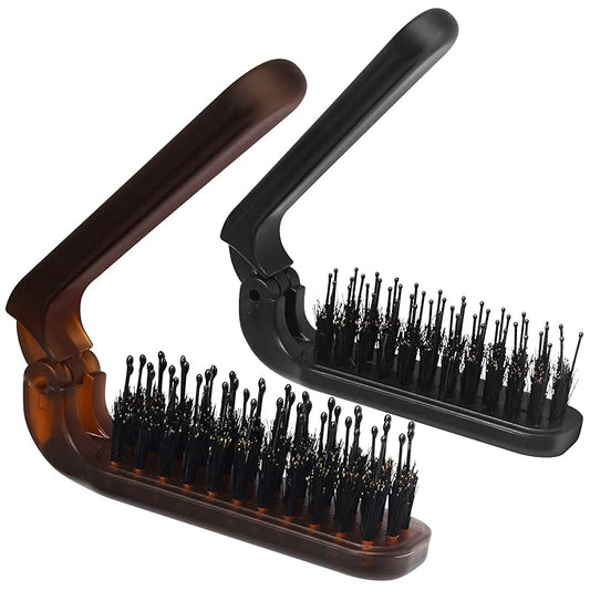 2 Pack Foldable Hair Brush Travel Hairbrush, Boar Bristle Hair Brush Portable Collapsible Pocket Comb for Women and Men, Suitable for Travel, Purse, Anti-Static Design (Amber & Black)