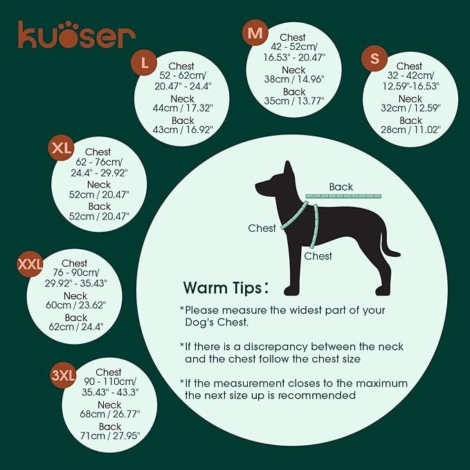 Kuoser Dog Winter Coat Waterproof Dog Snow Jacket, Warm Fleece Lined Pet Turtleneck Snowsuit Puppy Cold Weather Coats with Harness Hole, Adjustable Winter Vest for Medium Large Dogs, Green, L