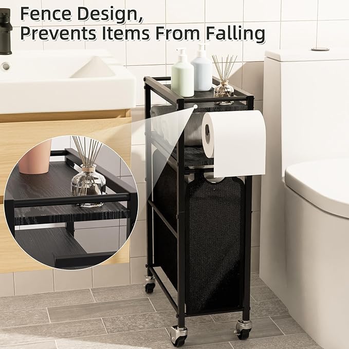Toilet Paper Holder with Storage Bag & Wheels - Freestanding Bathroom Organizer Holds 9 Rolls for Small Spaces, Essentials Storage Beside Toilet-Black