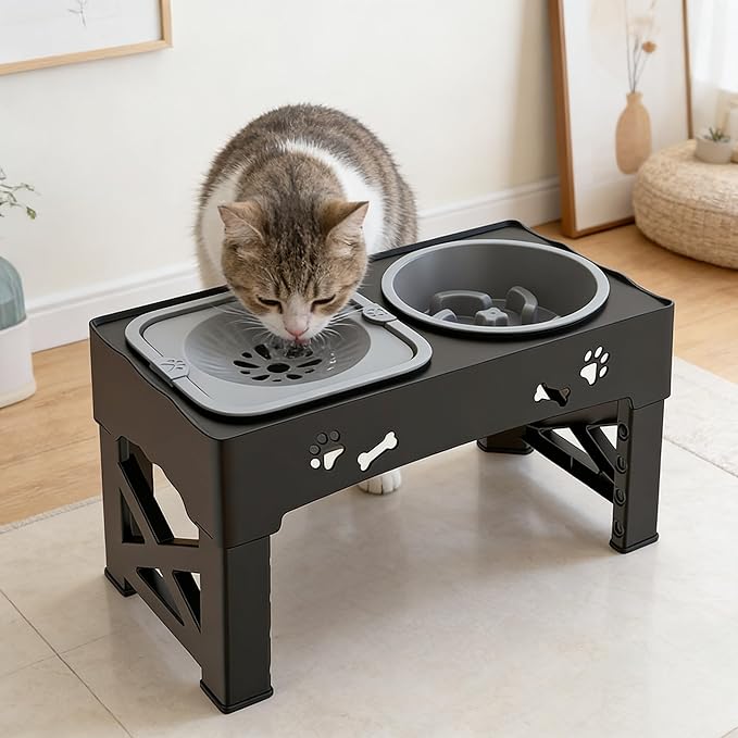 Kaiyue 2-in-1 Elevated Slow Feeder Dog Bowls Stand with No Spill Water Bowl, 5 Height Adjustable Raised Dog Bowls ，Non-Skid Pet Food Feeding Set for Small to Large Dogs