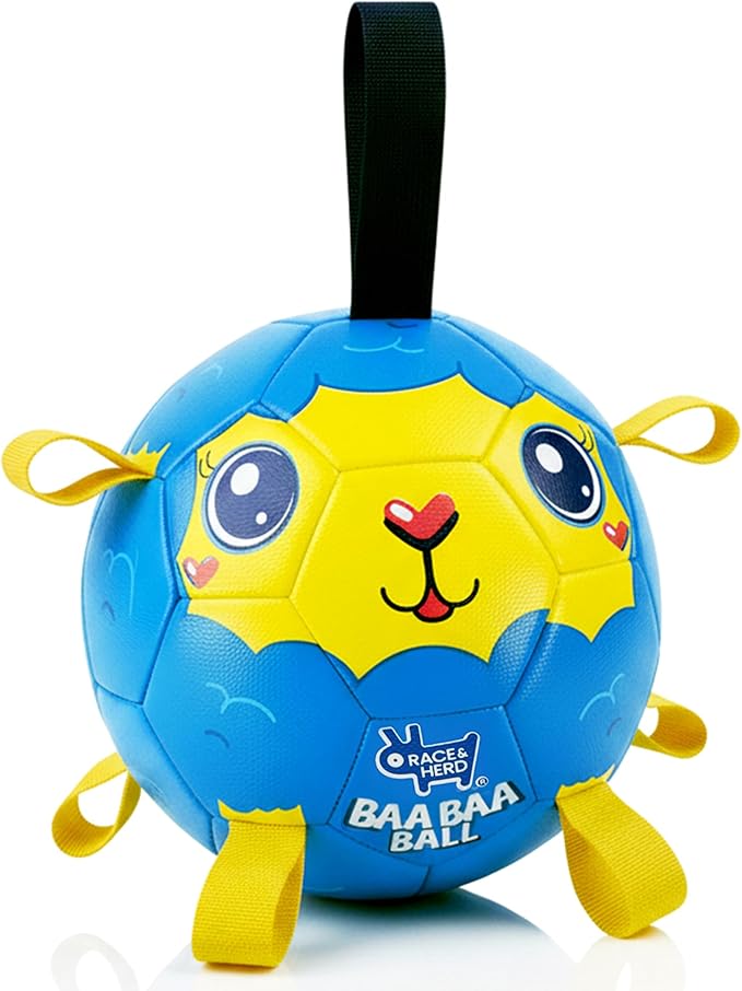 Race&Herd 8" Jolly Soccer Ball for Dogs - Tough Durable Dog Ball Toy with Straps, Pet Bouncy Herding Balls for Dogs, Floating Dog Balls with Tags for Water Fetch, BaaBaaBall (Blue)