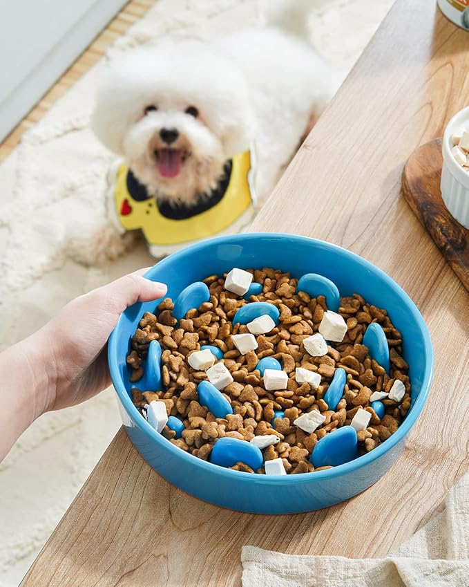 LE TAUCI Ceramic Slow Feeder Raised Dog Bowls with Wooden Stand, Puzzle Feeder, Elevated Dog Dishes to Slow Down Eating, 8 Inch Anti-Gulping Pet Feeding Dishes for Medium Dog