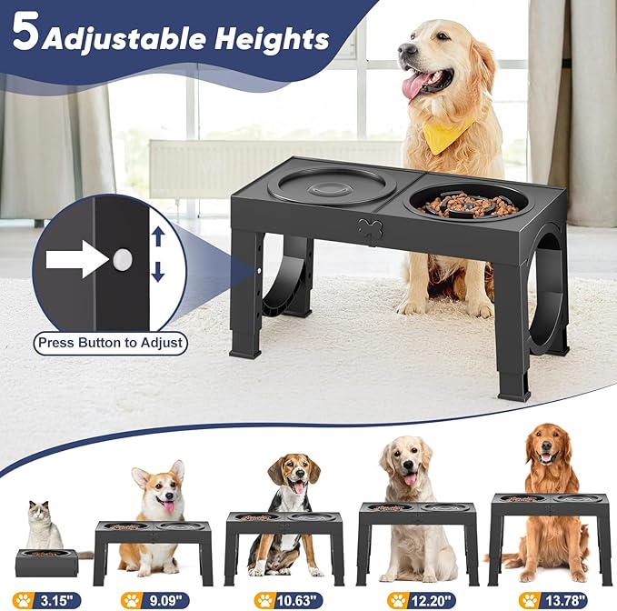 XIAZ Slow Feeder Dog Bowl Stand - Elevated Dog Food and Water Bowl Set for Large Medium Sized, 5 Heights Adjustable, Non-Slip, Durable, Prevents Bloating & Improves Digestion Blue