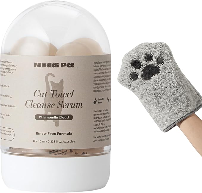Cat Rinse-Free Shampoo & Conditioner with Bath Mitt – Sensitive Skin, Stress & Itch Relief Leave-In Cleanse Serum – 98.65% Naturally Derived, Gentle Cleanse, Hydrate & Deodorize – 8 x 10ml