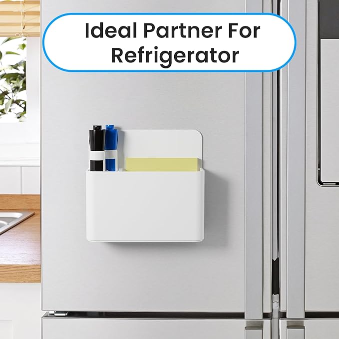 3 Pack Magnetic Pen Holder, Wall Mount Magnetic Dry Erase Marker Holder with Large Compartments, Self Adhesive Marker Pen Pencil Organizer for Whiteboard Fridge Locker Accessories (White)
