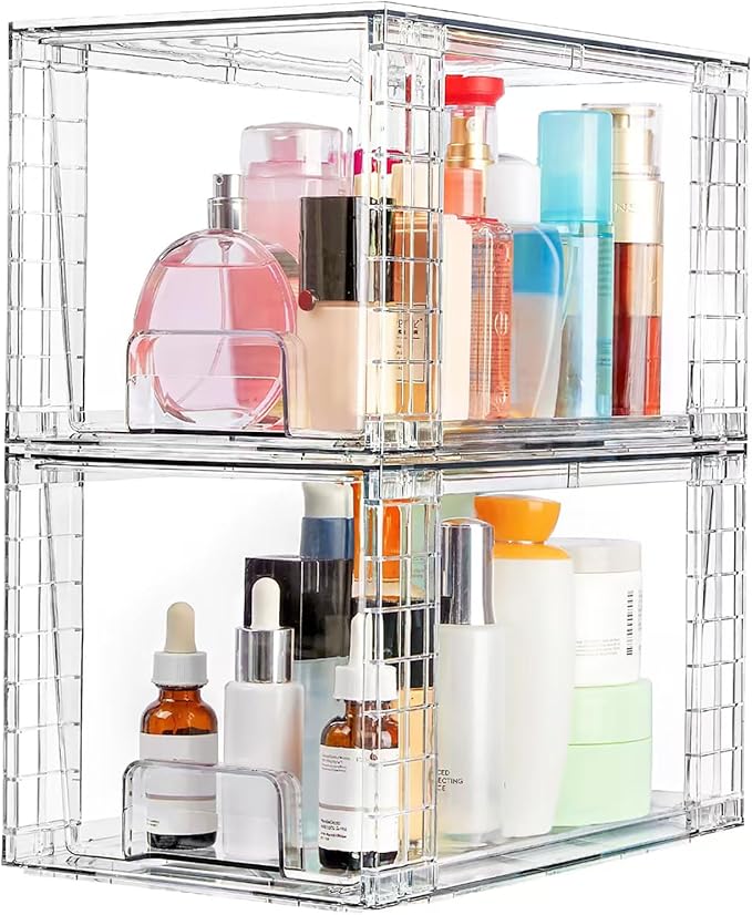 Clear Acrylic Storage Organizer Set, Multi-Purpose Cabinet Bins for Office, Kitchen, Bathroom, Stackable (4)