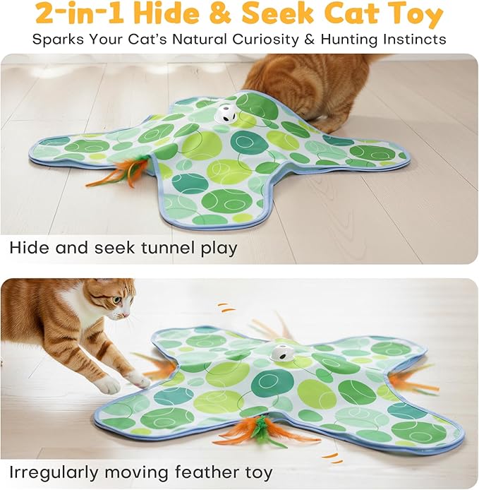 Interactive Cat Toys, Hide and Seek Cat Toy, 2 in 1 Automatic Moving Concealed Feathers for Indoor Cats, Non-Slip Suction, Touch Activated, USB Rechargeable, Green