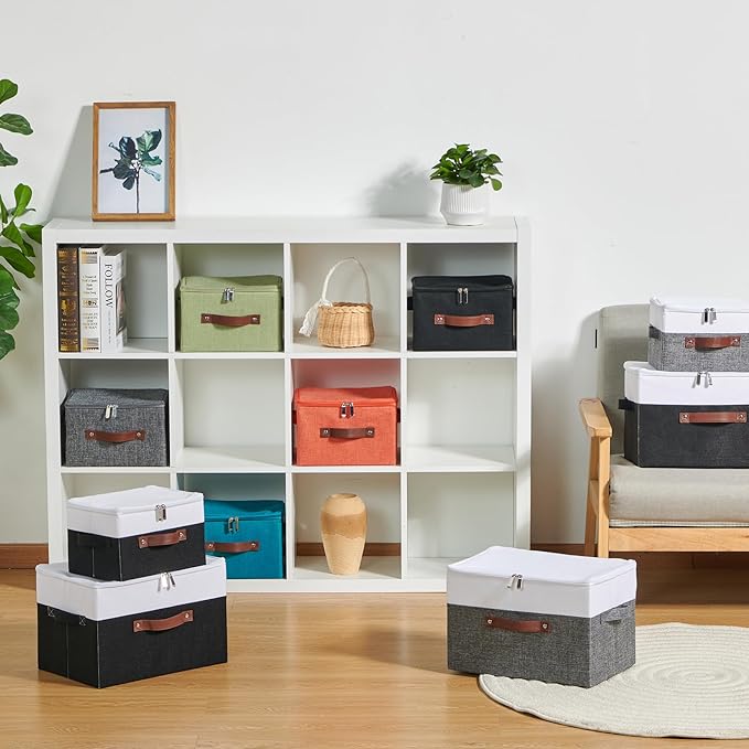 2 Pack Storage Boxes with Zipper Lid Cotton Linen Fabric Lidded Storage Bins Baskets Foldable Washable Closet Shelf Clothes Organizer Container Faux Leather Handles (Black White, Large)