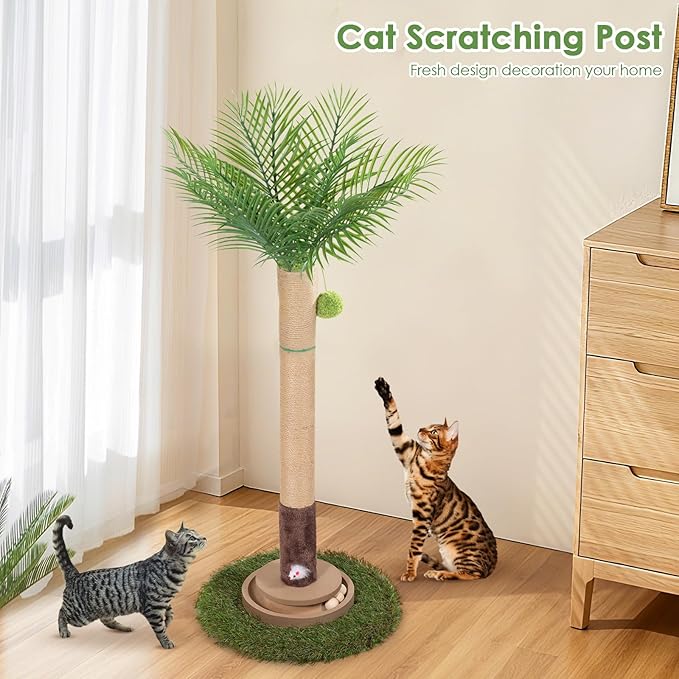 Cat Scratching Post, 35 Inch Tall Cat Scratcher Cat Tree Tower with Hanging Ball for Indoor Cats Adults,Sisal Rope Kitten Scratch with Interactive Mouse Cat Toy (41in, Areca Palm)