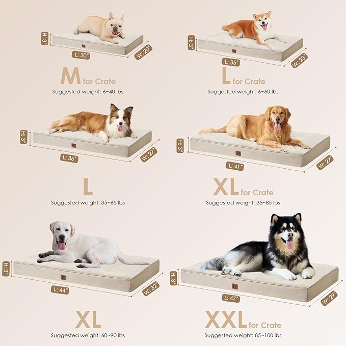 EHEYCIGA Memory Foam Dog Bed Orthopedic 47"x29"，Waterproof Pet Bed for XXLarge Dog Bed ，Washable Pet Mat with Removable Cover, Beige