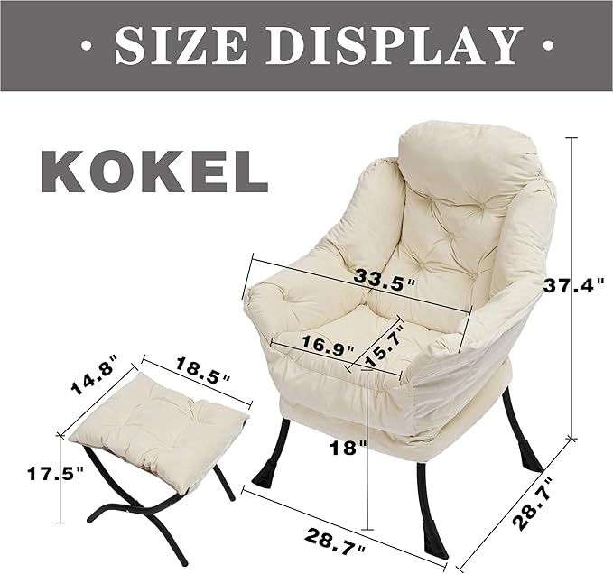 Kokel Lazy Chair with Folding Ottoman,Living Room Chairs, Accent Contemporary Lounge Chair, Single Steel Frame Leisure Sofa Chair with Armrests and A Side Pocket (White)