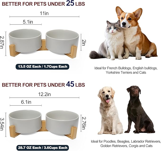 Dog Food Bowl, 28.7 oz Ceramic Food and Water Bowls for Dogs, Pet Dishes Set with Wood Stand, for Small Size Dog and Cat, No Spill Feeding Station with Weighted Base, Grey