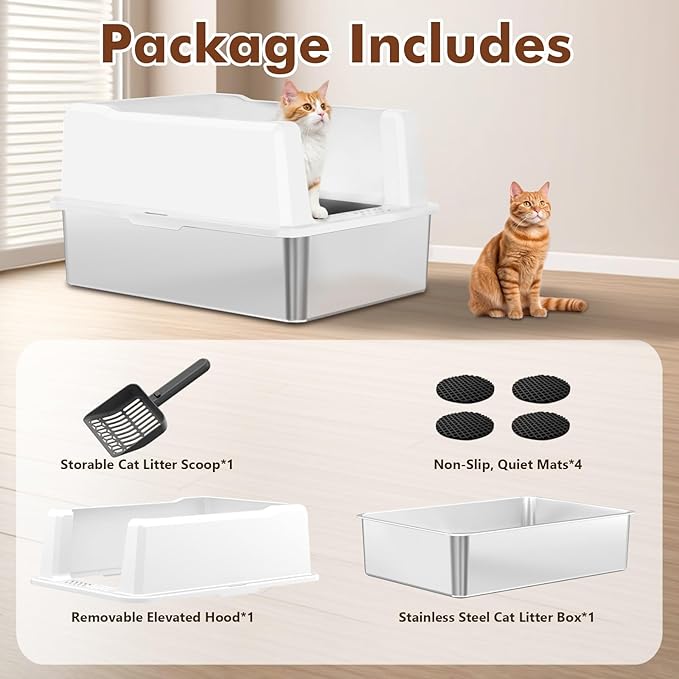 Large Litter Box for Multiple Cats, 28" L x 20" W Over Sized with High Sided Metal Litter Box Stop Scatter, Non-Stick Stainless Steel Litter Pan Easy to Clean, Anti-Leak Design, Odor-Resistant