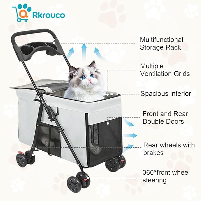 Foldable Pet Stroller for Small Medium Cat Dogs Portable Pets Carriers Strollers with 4 Wheels Up to 55Lbs Puppy Strolling Cart Travel (Gray)