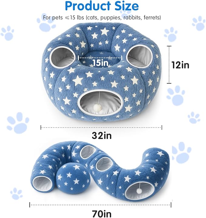 Cycodo Indoor Cat Tunnel Bed,Shape-Shifting Pet Cave with Circle Cushion,Luminescent Donut Tunnel Toy for Kitten/Puppy/Rabbit (Starry Blue)