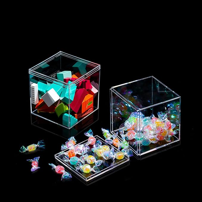 Clear Plastic Square Cube,15 Pack Small Acrylic Plastic Storage Box with Lids Transparent Clear Square Containers Display Boxes Gift Box with Glitter Ribbon for Candy Pill Jewelry Christmas (1.8